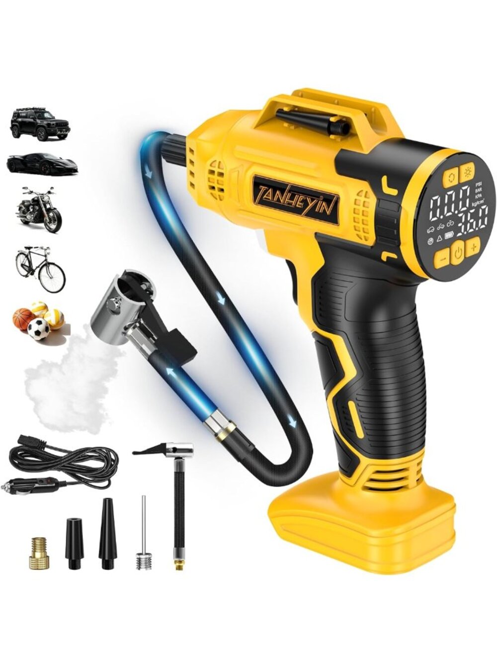 Portable Cordless Tire Inflator with LCD Gauge, LED Light, 160PSI - Car & Bike